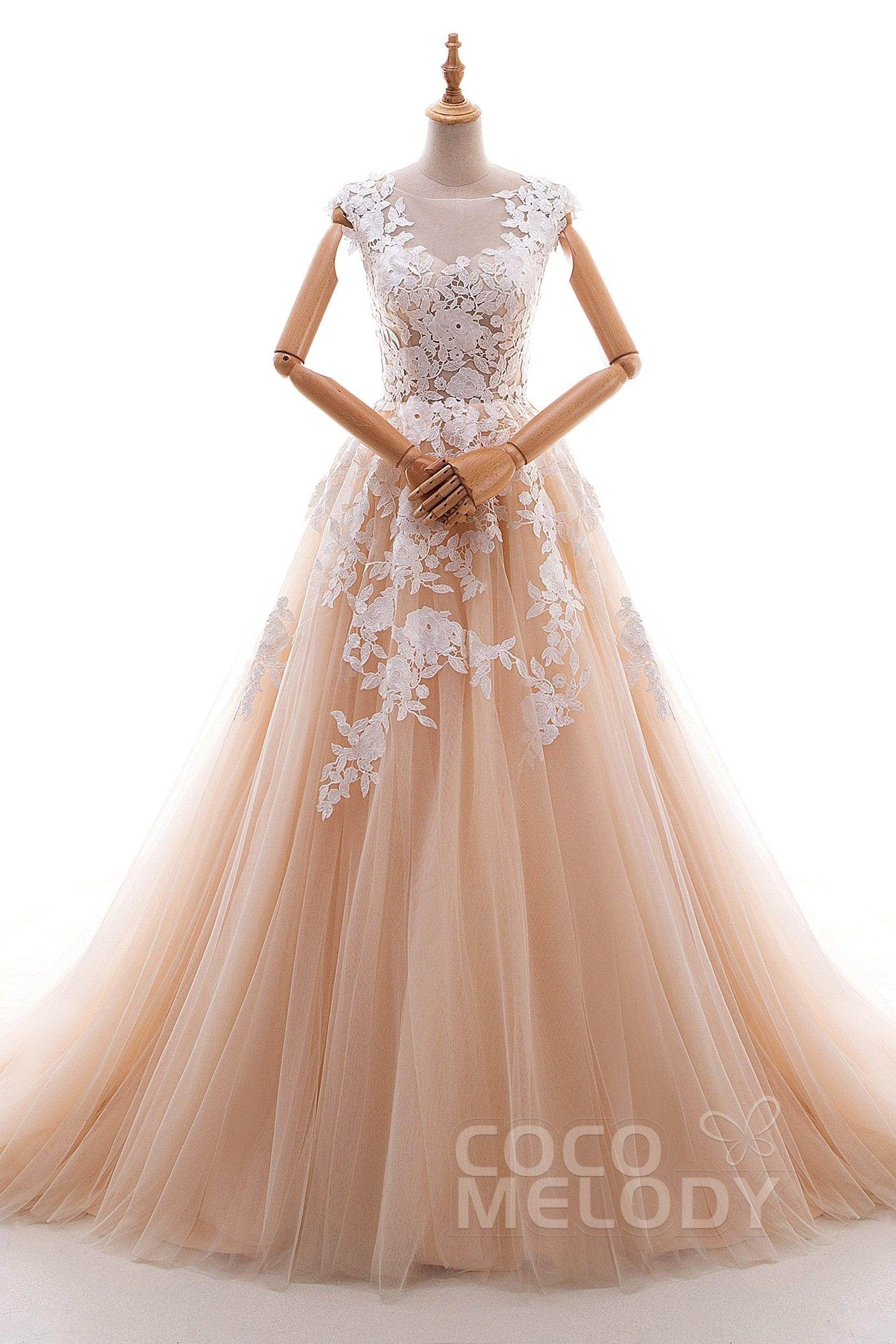 A-Line Cathedral Train Tulle and Lace Wedding Dress LD4534 - COCOMELODY
